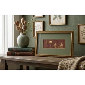 Vintage Asian Wheat Straw Art Framed Rice Farmers Landscape Gold Frame Burgundy